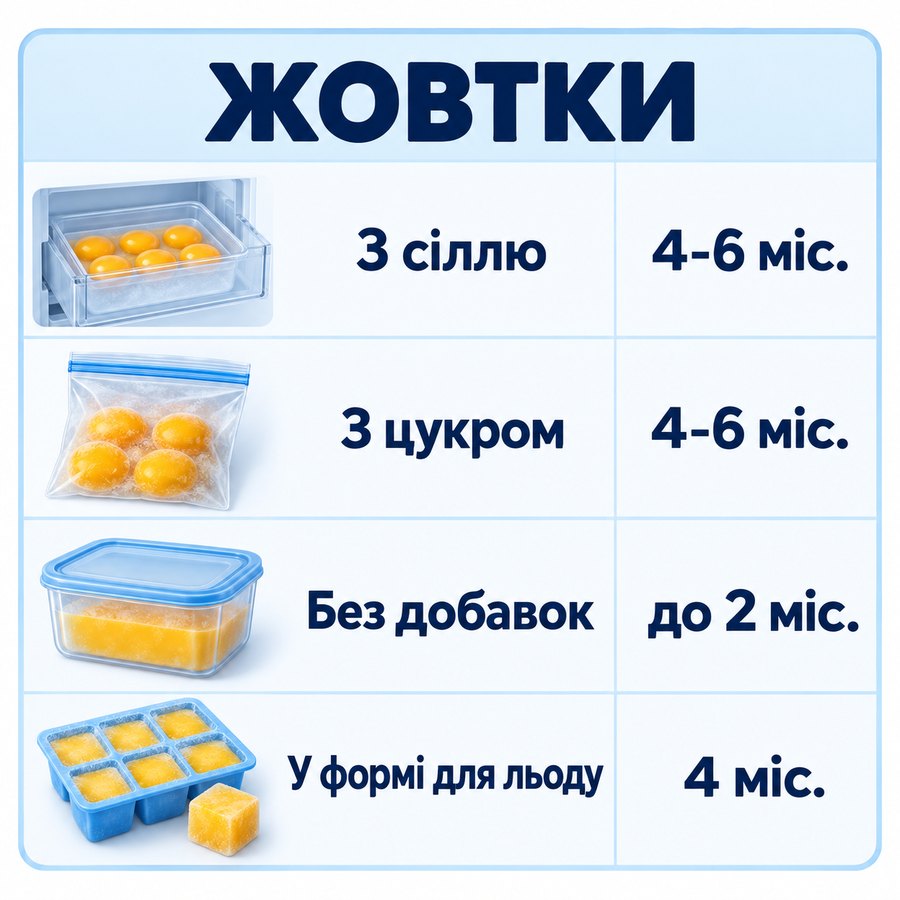 Терміни зберігання в морозилці: Жовтки - З сіллю 4-6 міс., З цукром 4-6 міс., Без добавок до 2 міс., У формі для льоду 4 міс.