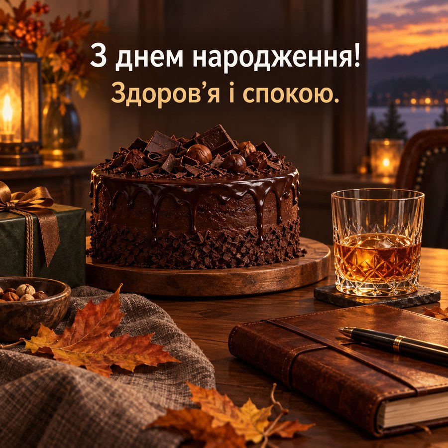 Гарна листівка чоловікові на день народження: шоколадний торт, келих і свічки