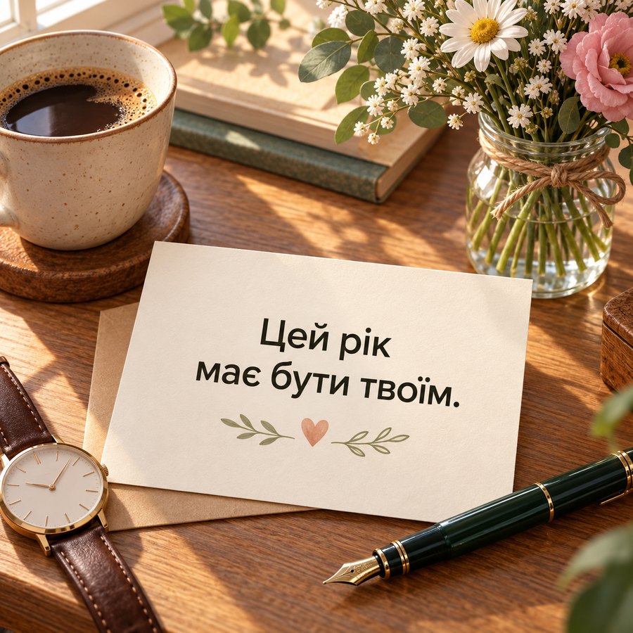 Стильна листівка чоловікові: Цей рік має бути твоїм, кава, годинник і записник