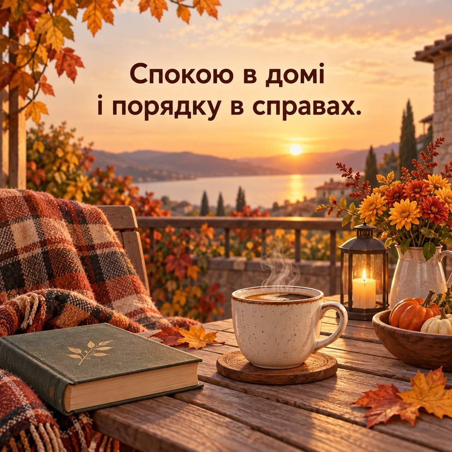 Зворушлива листівка чоловікові: Спокою в домі і порядку в справах, осіння тераса