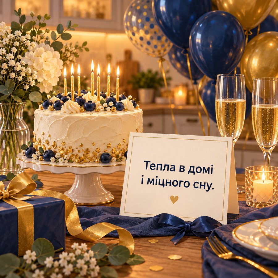 Красива листівка чоловікові з днем народження: Тепла в домі і міцного сну, торт і кулі