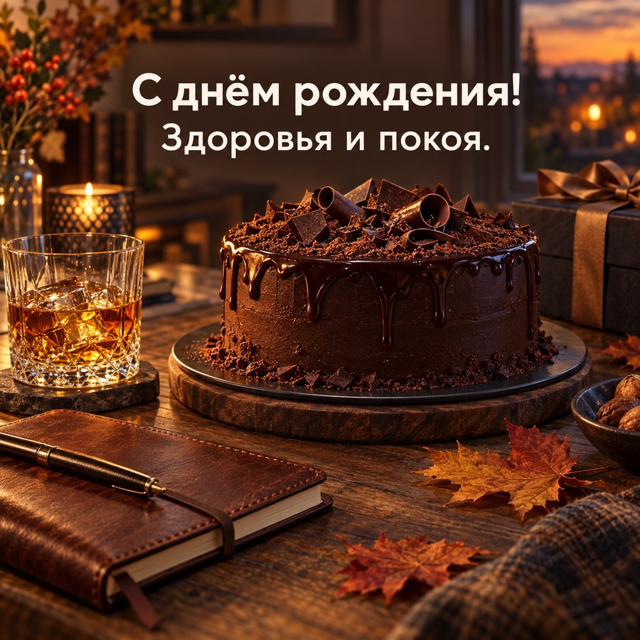 Красивая открытка мужчине на день рождения: шоколадный торт, бокал и свечи