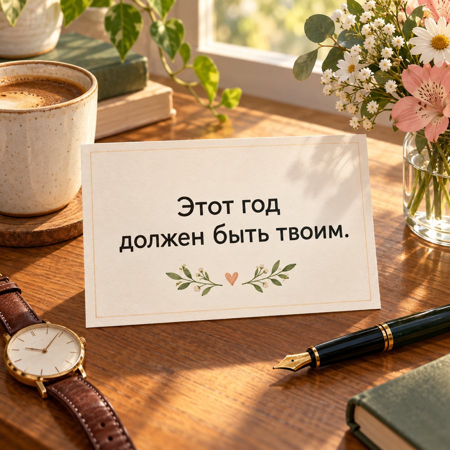 Стильная открытка мужчине: Этот год должен быть твоим, кофе, часы и блокнот