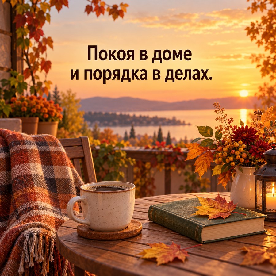Трогательная открытка мужчине: Покоя в доме и порядка в делах, осенняя терраса
