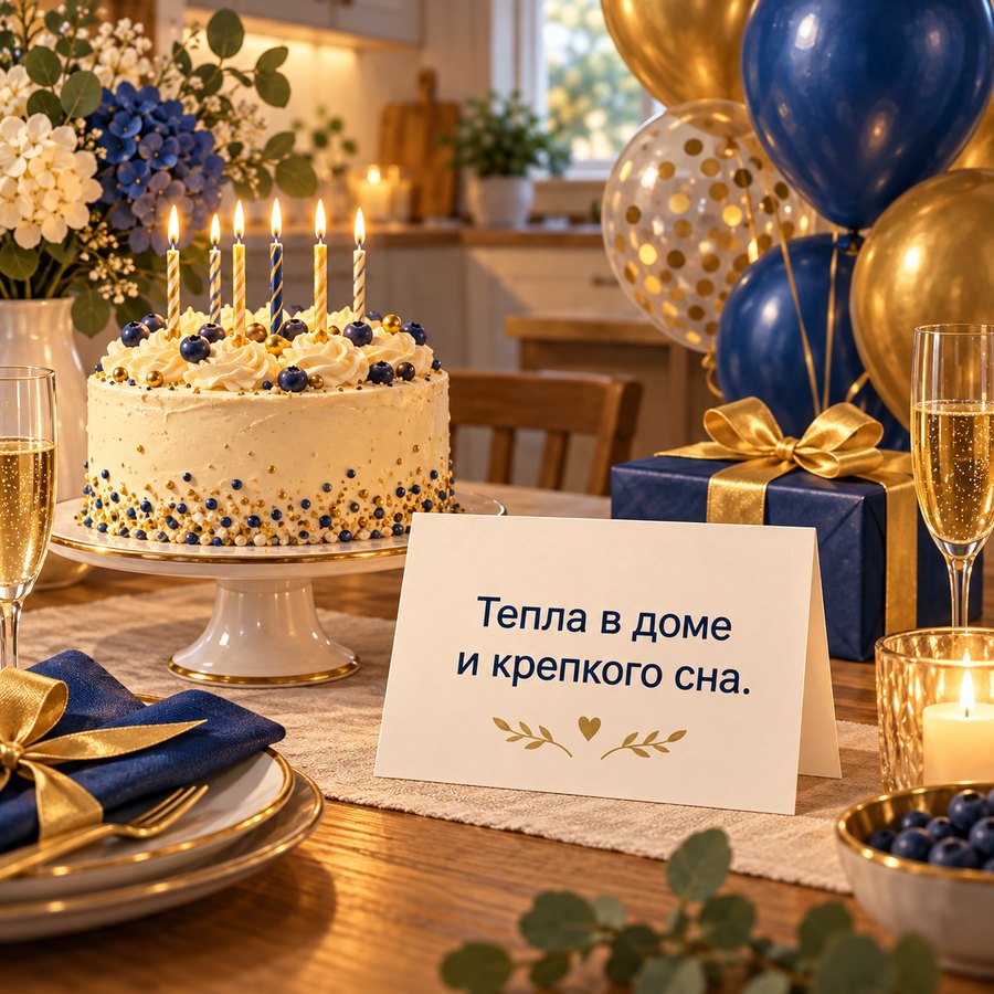 Красивая открытка мужчине с днём рождения: Тепла в доме и крепкого сна, торт и шары