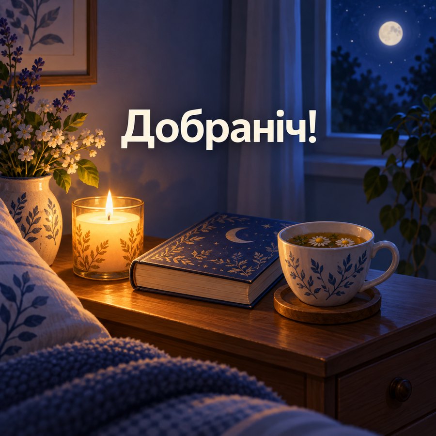 Гарна листівка на добраніч: свічка, чай і книга біля ліжка