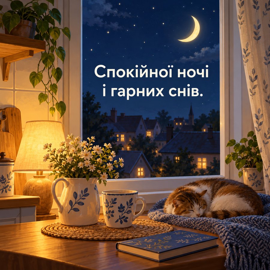 Красива листівка добраніч коханій: Спокійної ночі і гарних снів, місяць над містечком