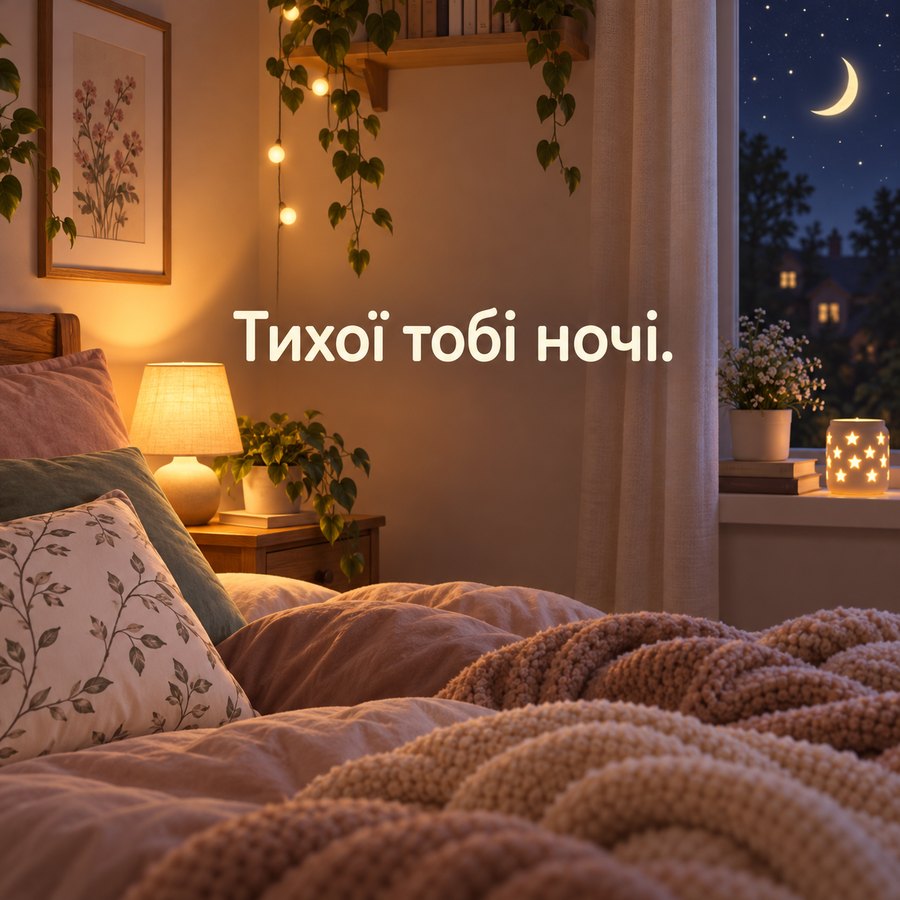 Тепла листівка на ніч: Тихої тобі ночі, нічник і мʼякий плед