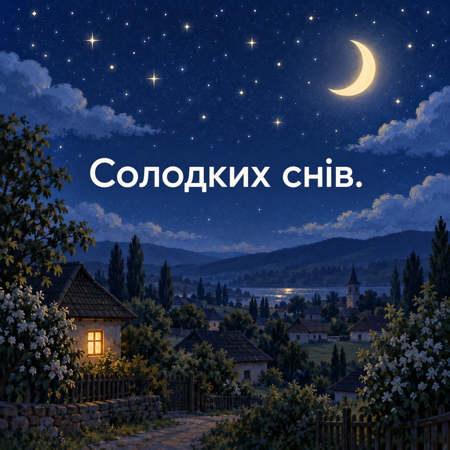 Листівка добраніч дитині: Солодких снів, зоряне небо над селом