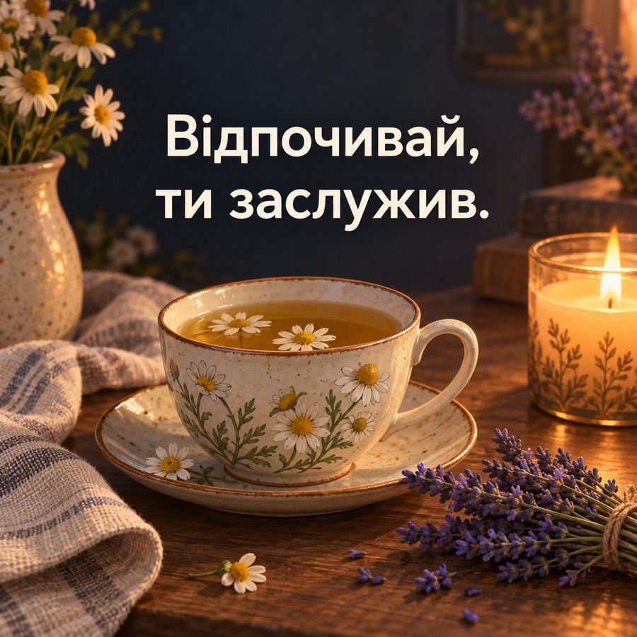 Листівка на добраніч після важкого дня: Відпочивай, ти заслужив, ромашковий чай і свічка