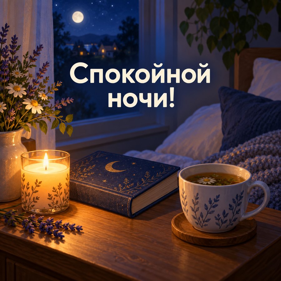 Красивая открытка на спокойной ночи: свеча, чай и книга у кровати