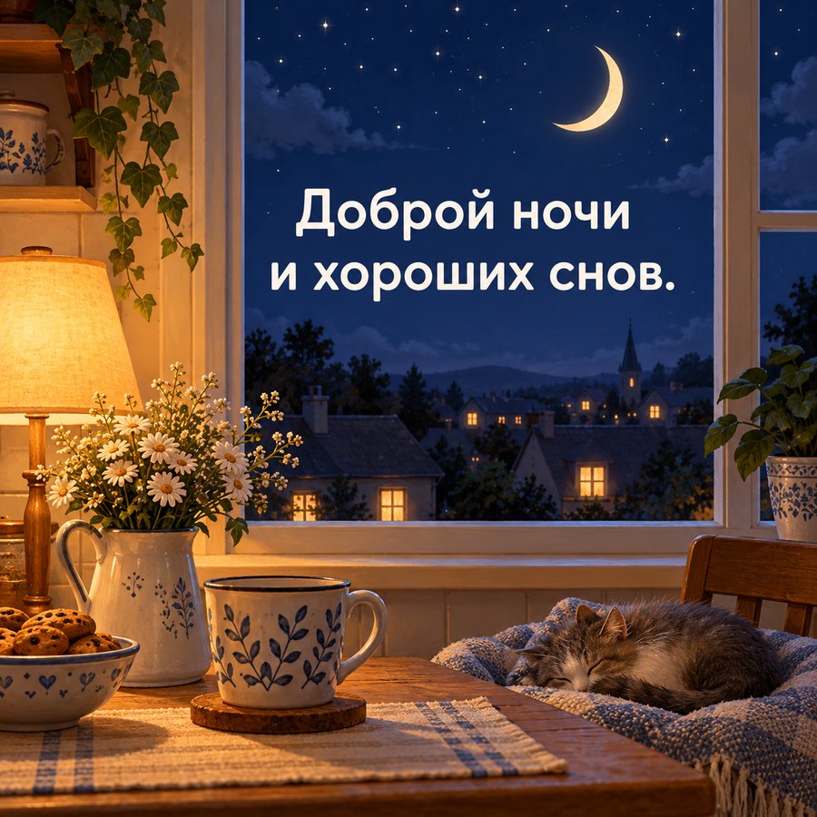 Красивая открытка спокойной ночи любимой: Доброй ночи и хороших снов, луна над городком