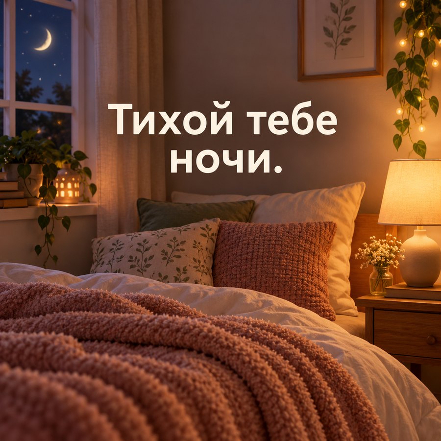Тёплая открытка на ночь: Тихой тебе ночи, ночник и мягкий плед