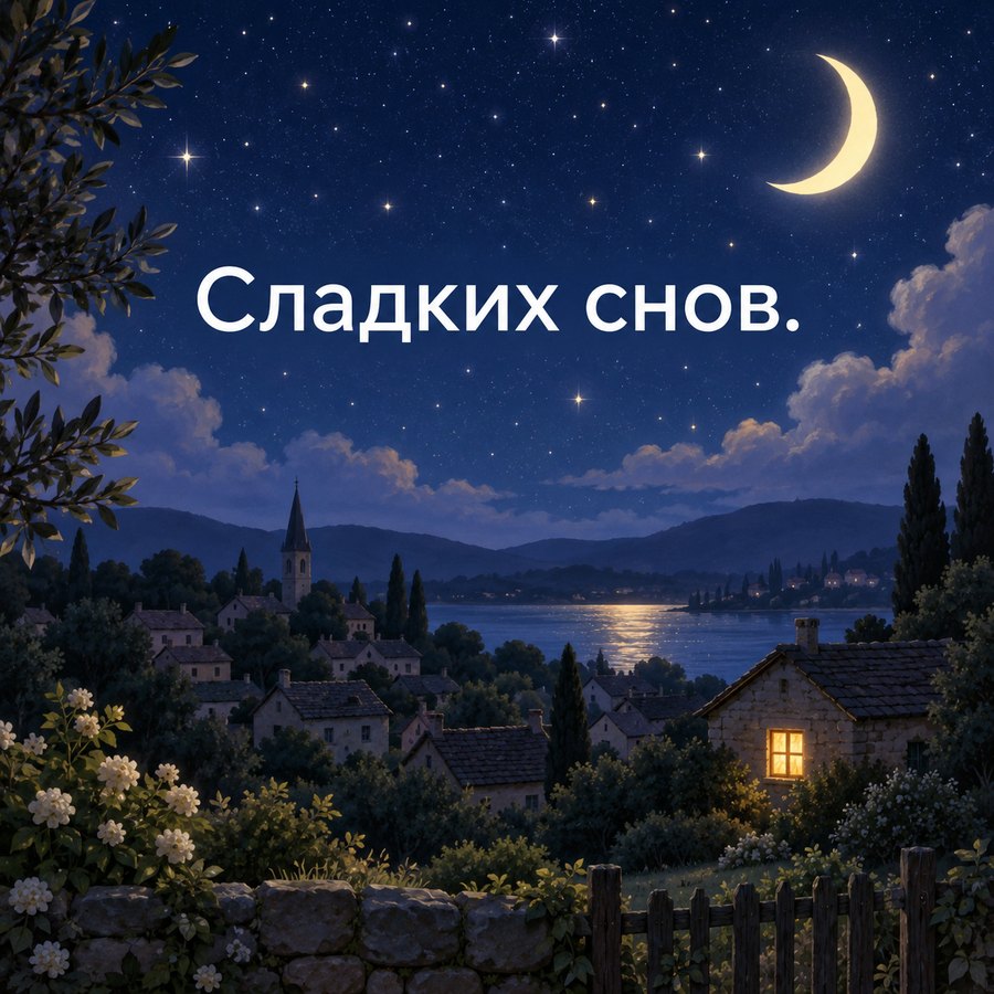 Открытка спокойной ночи ребёнку: Сладких снов, звёздное небо над селом