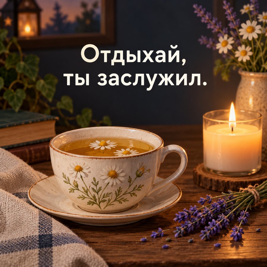 Открытка на ночь после тяжёлого дня: Отдыхай, ты заслужил, ромашковый чай и свеча