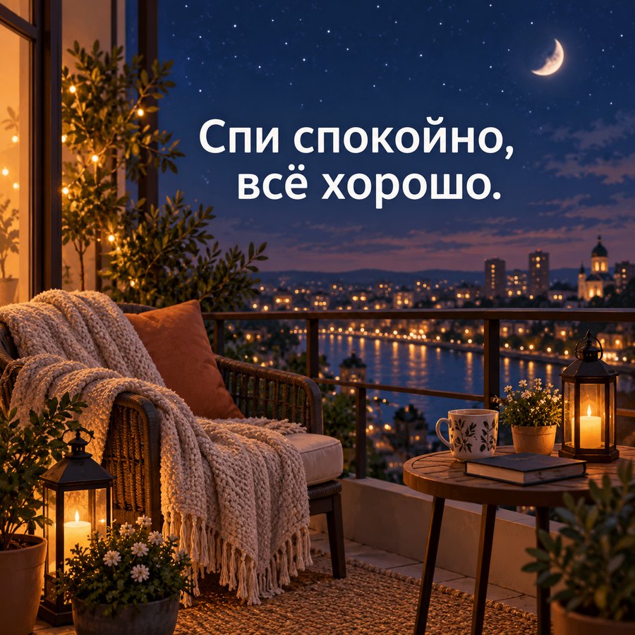 Открытка спокойной ночи: Спи спокойно, всё хорошо, ночной балкон с фонарём