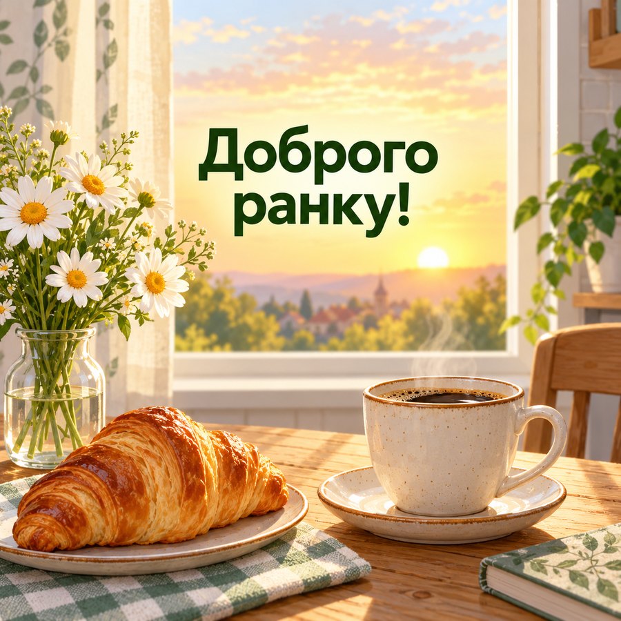 Гарна листівка з добрим ранком: кава, круасан і ромашки біля вікна на світанку