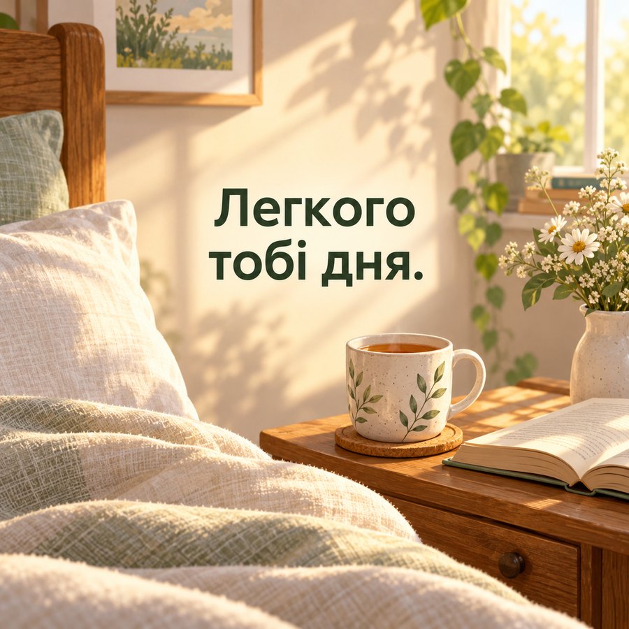 Тепла листівка доброго ранку коханій: Легкого тобі дня, чай і книга в ліжку