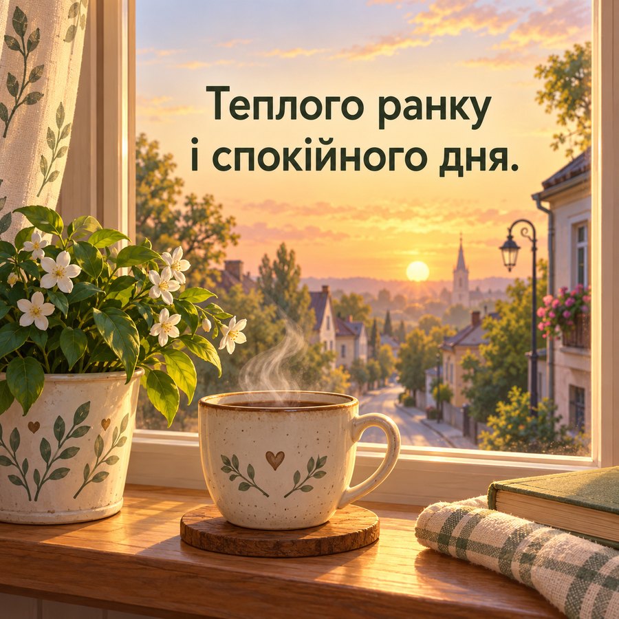 Красива листівка з добрим ранком: Теплого ранку і спокійного дня, вид на вулицю на світанку