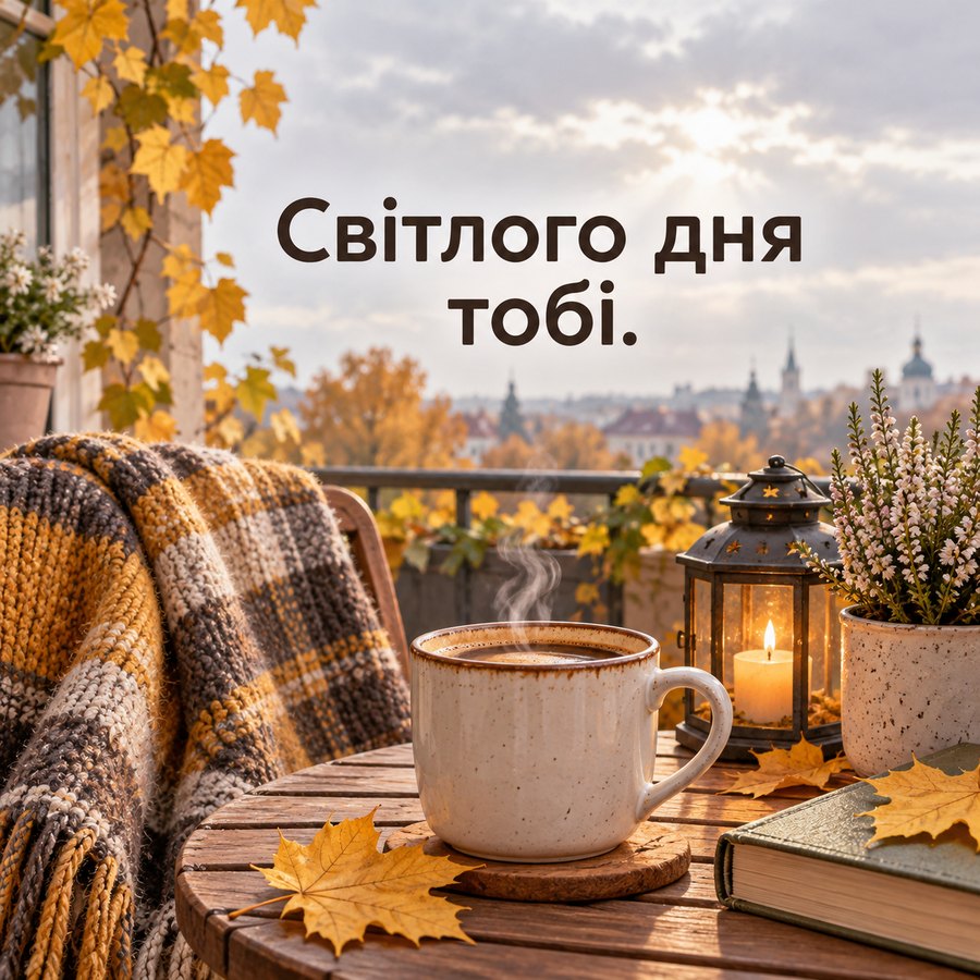Осіння листівка доброго ранку: Світлого дня тобі, кава і плед на балконі