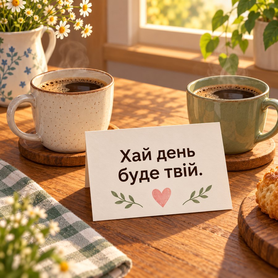 Листівка доброго ранку коханому: Хай день буде твій, дві чашки кави і записка