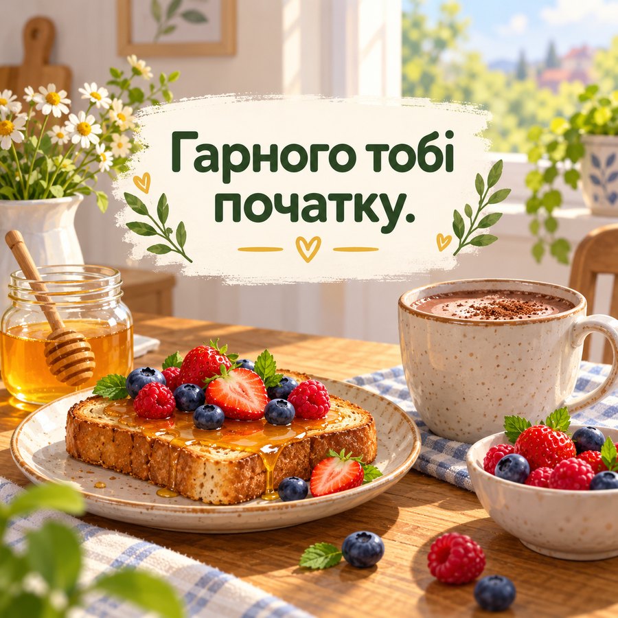Листівка з добрим ранком у понеділок: Гарного тобі початку, сніданок із медом і ягодами