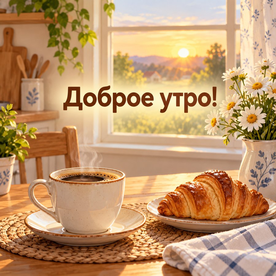Красивая открытка с добрым утром: кофе, круассан и ромашки у окна на рассвете