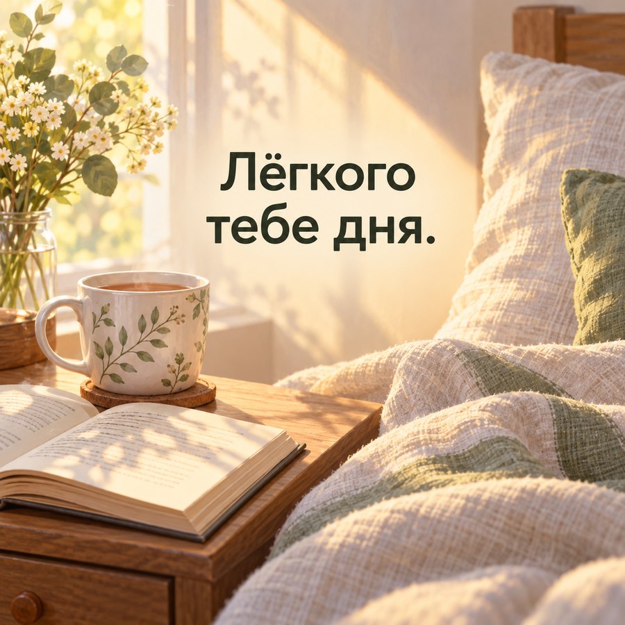 Тёплая открытка доброго утра любимой: Лёгкого тебе дня, чай и книга в постели