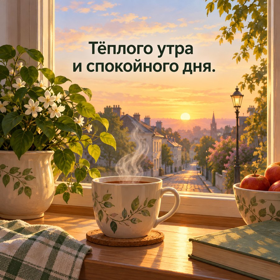 Красивая открытка с добрым утром: Тёплого утра и спокойного дня, вид на улицу на рассвете