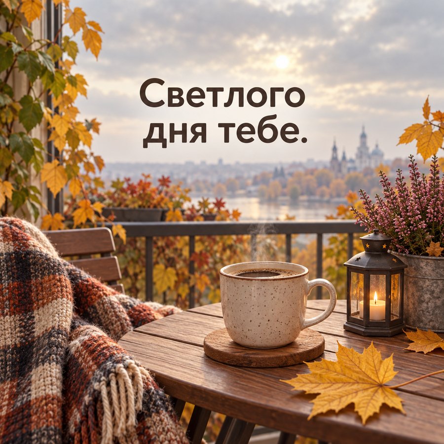 Осенняя открытка доброго утра: Светлого дня тебе, кофе и плед на балконе