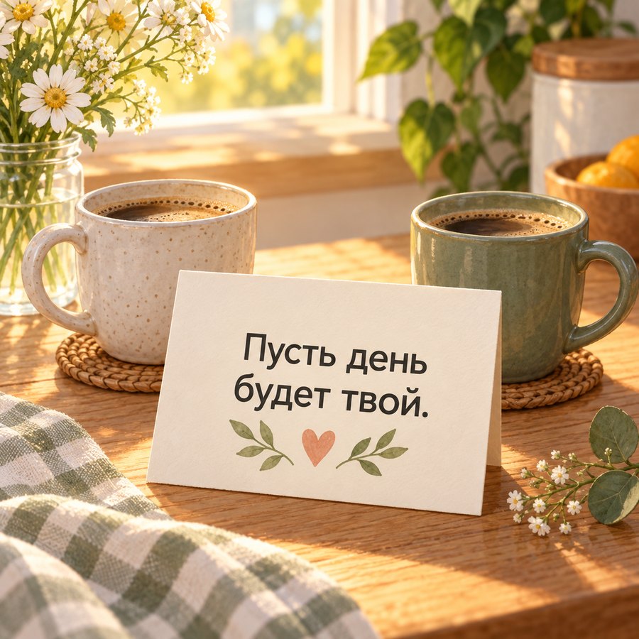 Открытка доброго утра любимому: Пусть день будет твой, две чашки кофе и записка