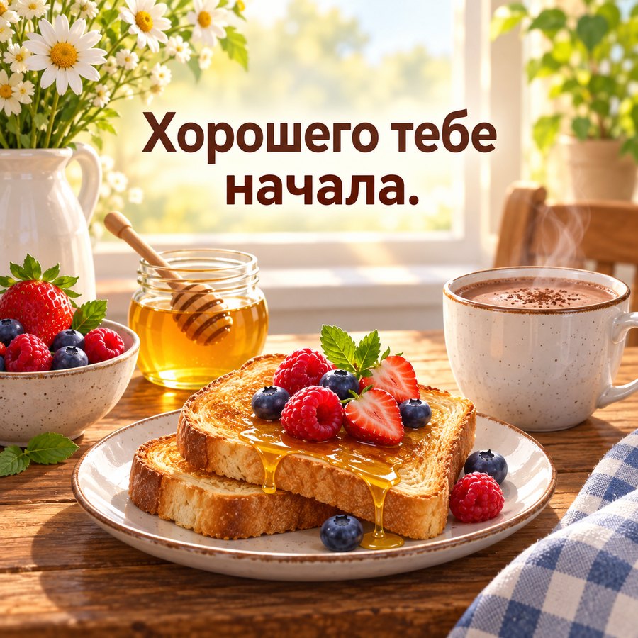 Открытка с добрым утром в понедельник: Хорошего тебе начала, завтрак с мёдом и ягодами