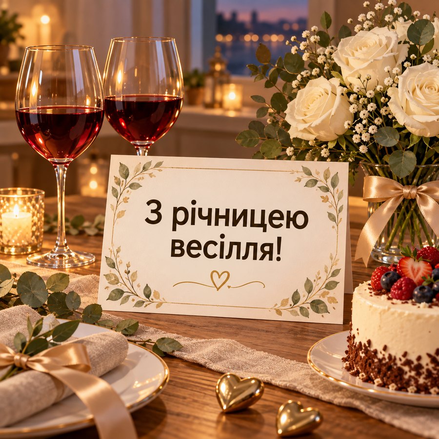 Гарна листівка з річницею весілля: два келихи вина, торт і білі троянди