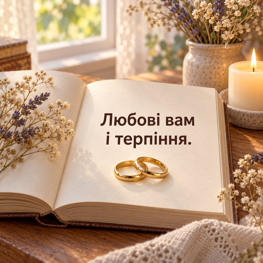 Зворушлива листівка на річницю: Любові вам і терпіння, обручки на книзі