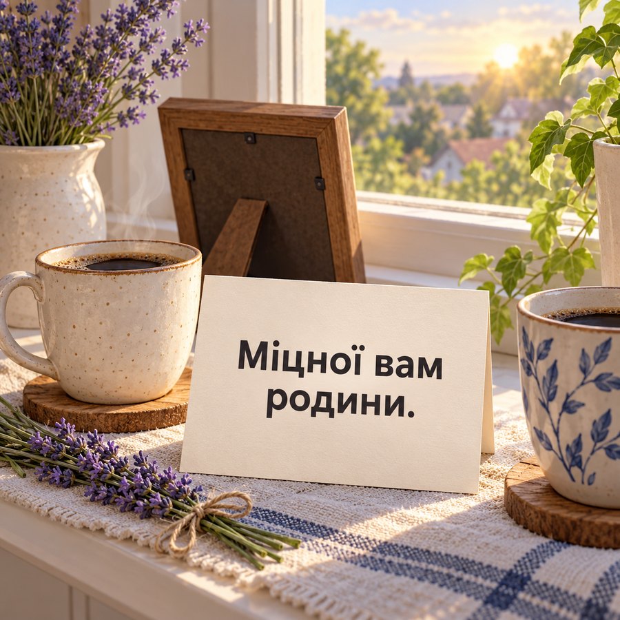 Листівка батькам на річницю весілля: Міцної вам родини, кава і лаванда