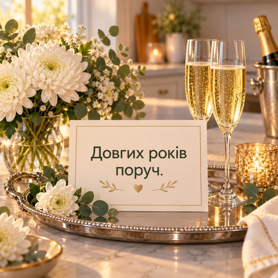 Вишукана листівка на срібне весілля: Довгих років поруч, шампанське і хризантеми