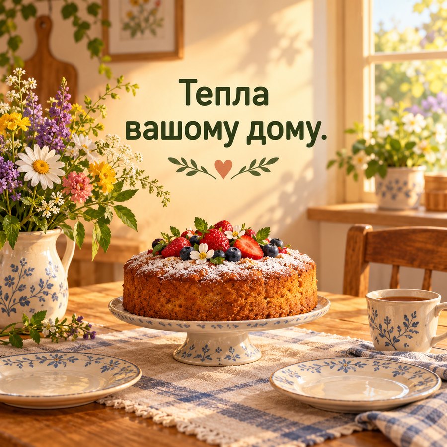 Тепла листівка з річницею: Тепла вашому дому, домашній торт і польові квіти