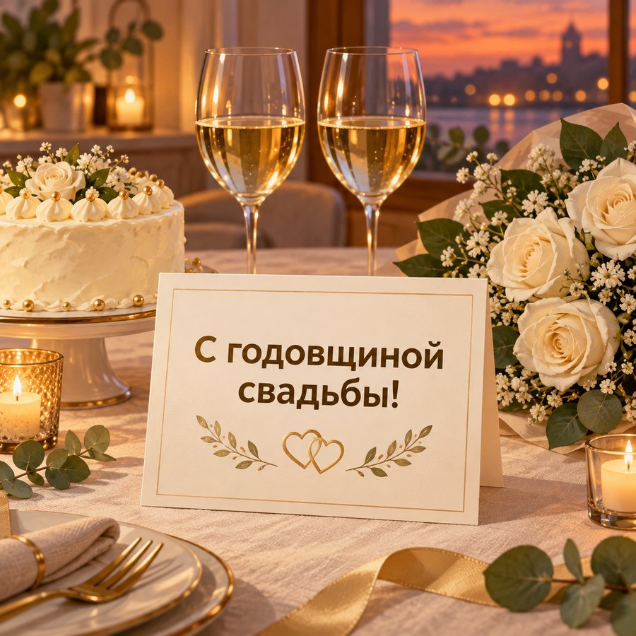 Красивая открытка с годовщиной свадьбы: два бокала вина, торт и белые розы