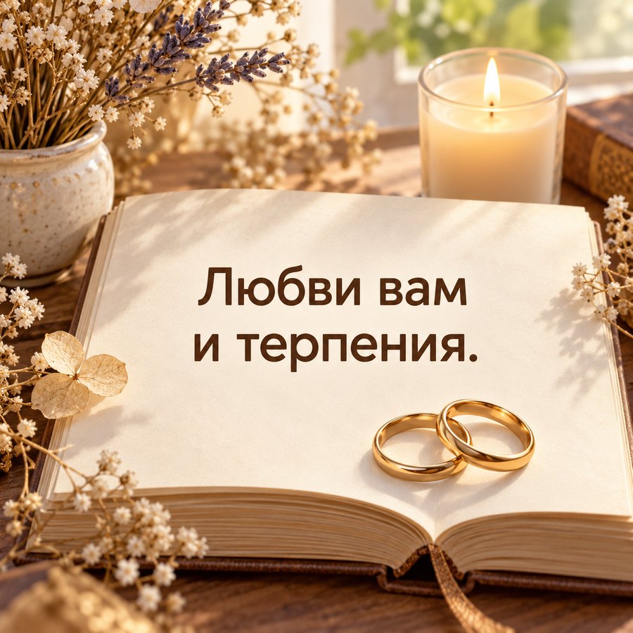 Трогательная открытка на годовщину: Любви вам и терпения, кольца на книге