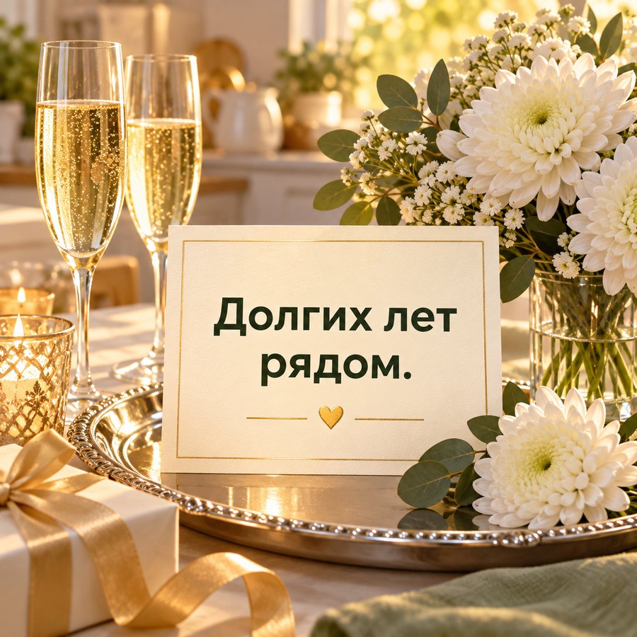 Изысканная открытка на серебряную свадьбу: Долгих лет рядом, шампанское и хризантемы