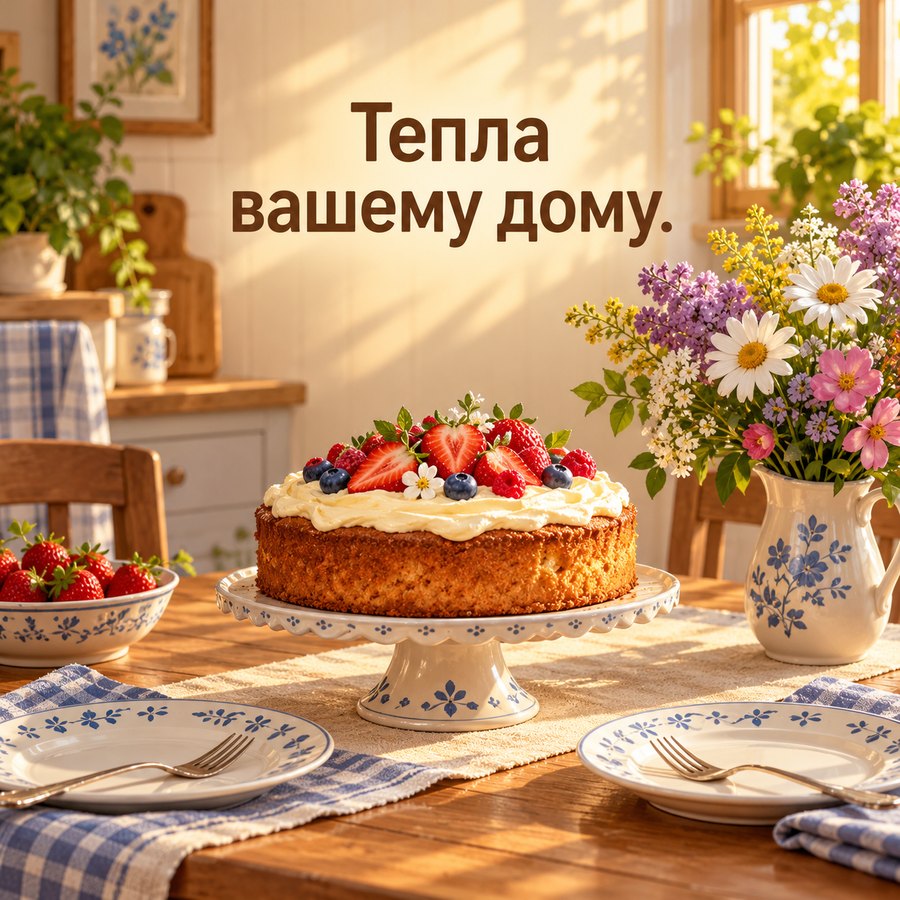 Тёплая открытка с годовщиной: Тепла вашему дому, домашний торт и полевые цветы