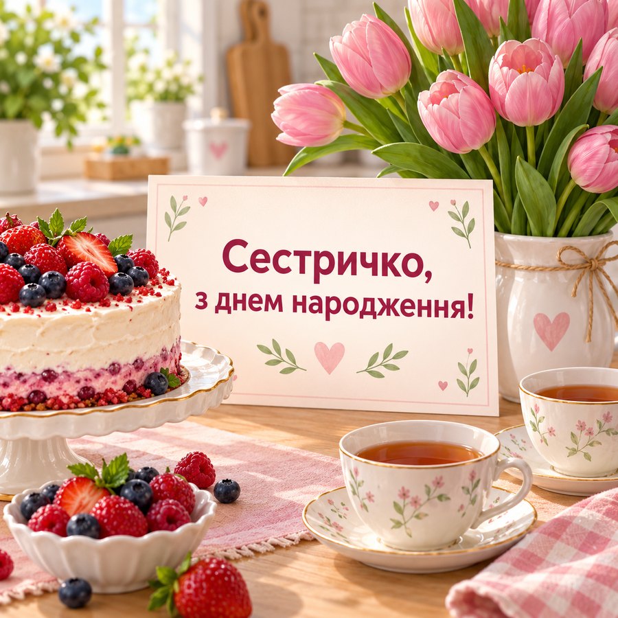 Гарна листівка сестрі на день народження: ягідний торт і тюльпани