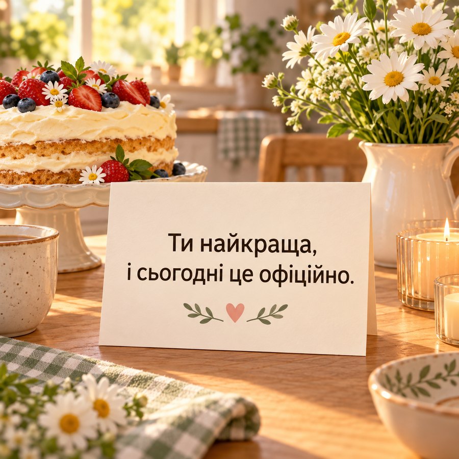 Зворушлива листівка сестрі: Ти найкраща, і сьогодні це офіційно, торт і ромашки