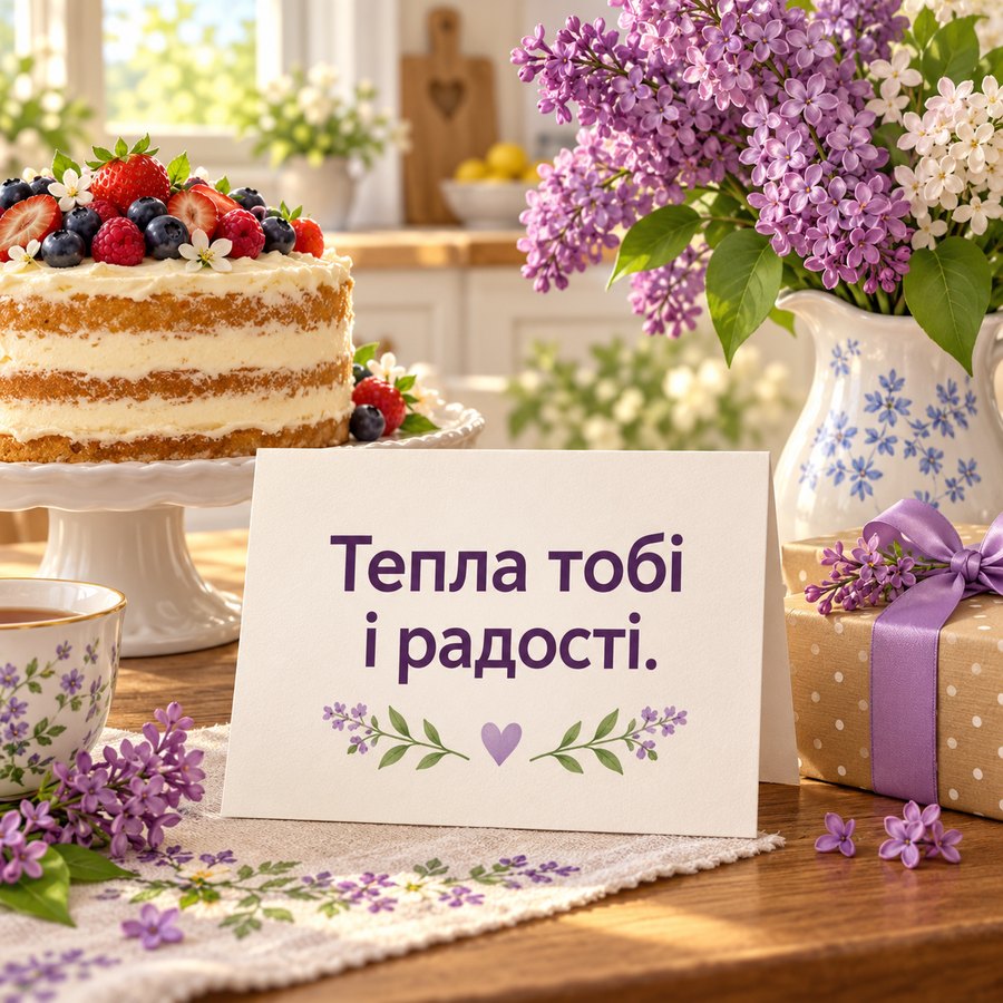 Красива листівка сестрі: Тепла тобі і радості, бузок і подарунок