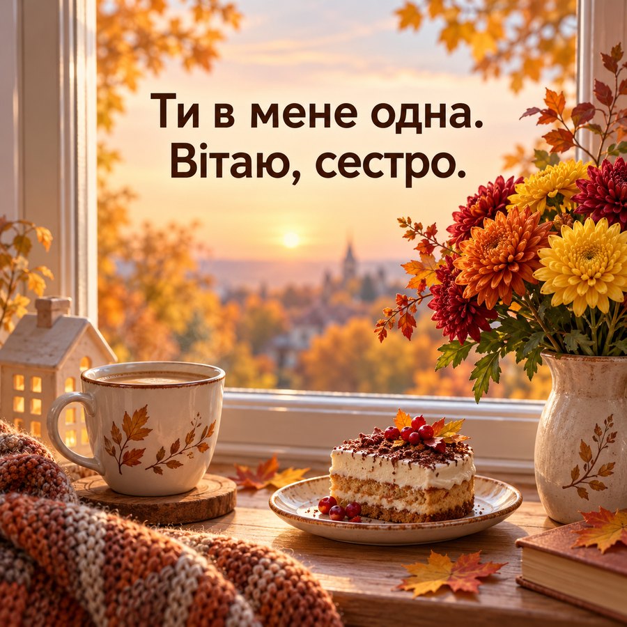 Листівка сестрі від брата: Ти в мене одна, осіння тераса з хризантемами
