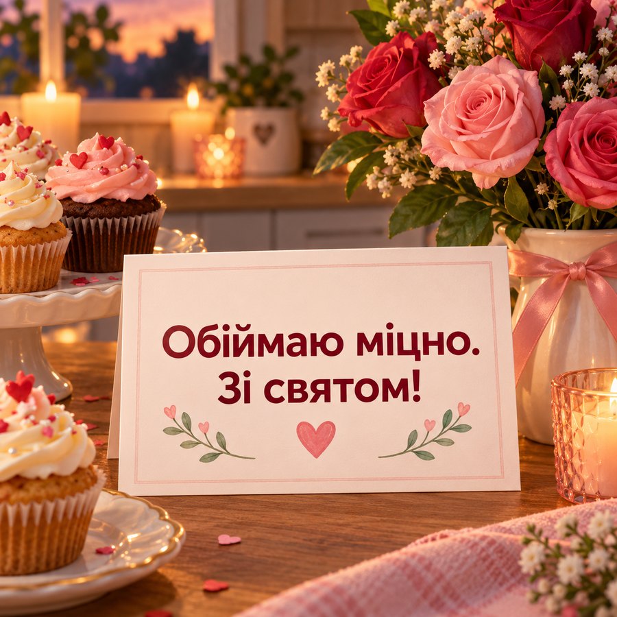Тепла листівка сестрі: Обіймаю міцно, капкейки і троянди