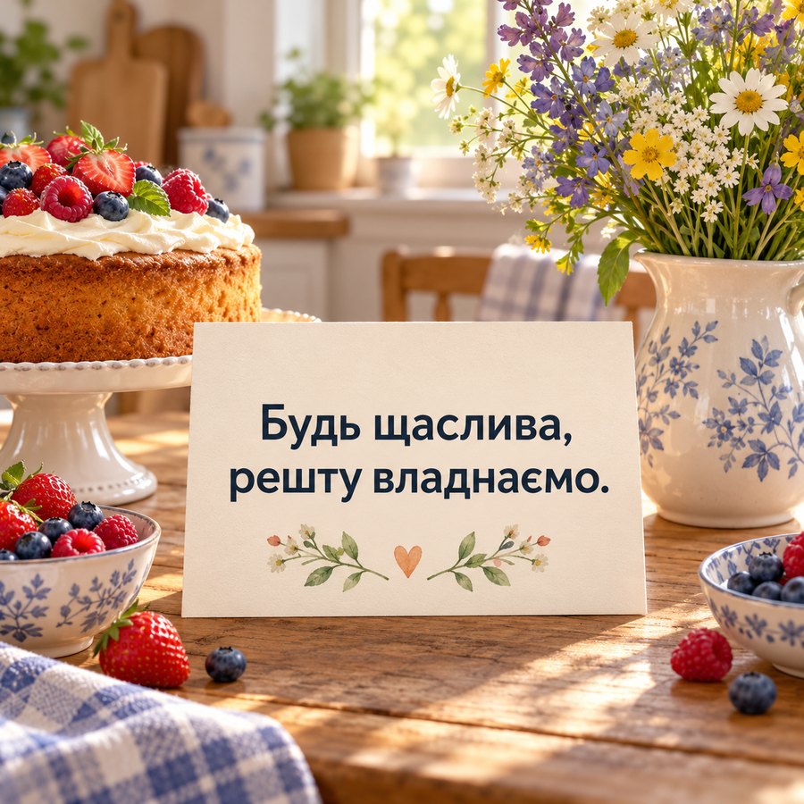 Смішна листівка сестрі з днем народження: Будь щаслива, решту владнаємо, торт і польові квіти