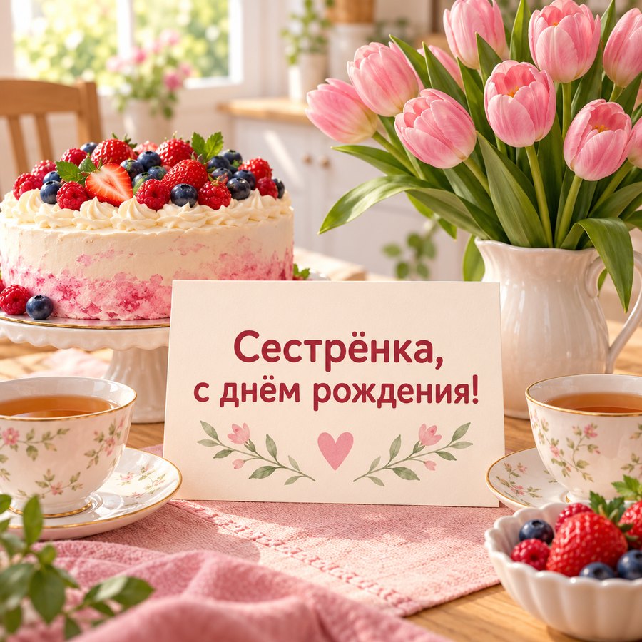 Красивая открытка сестре на день рождения: ягодный торт и тюльпаны