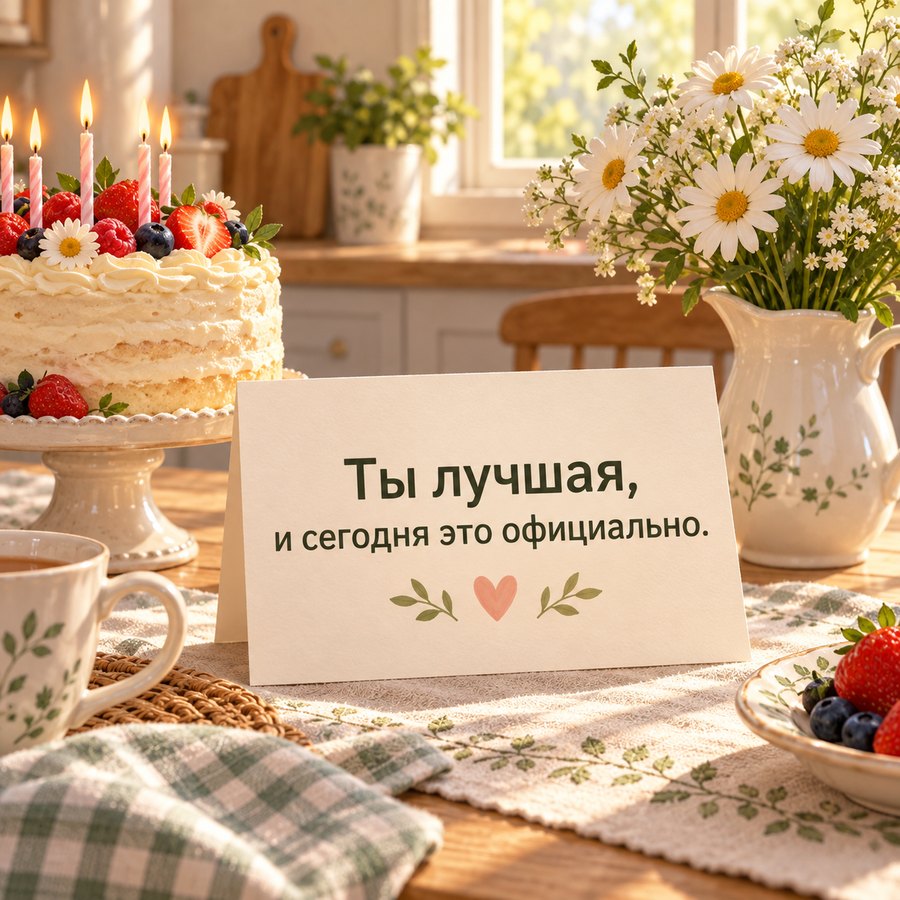 Трогательная открытка сестре: Ты лучшая, и сегодня это официально, торт и ромашки