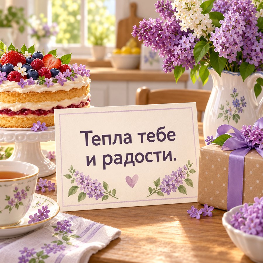 Красивая открытка сестре: Тепла тебе и радости, сирень и подарок